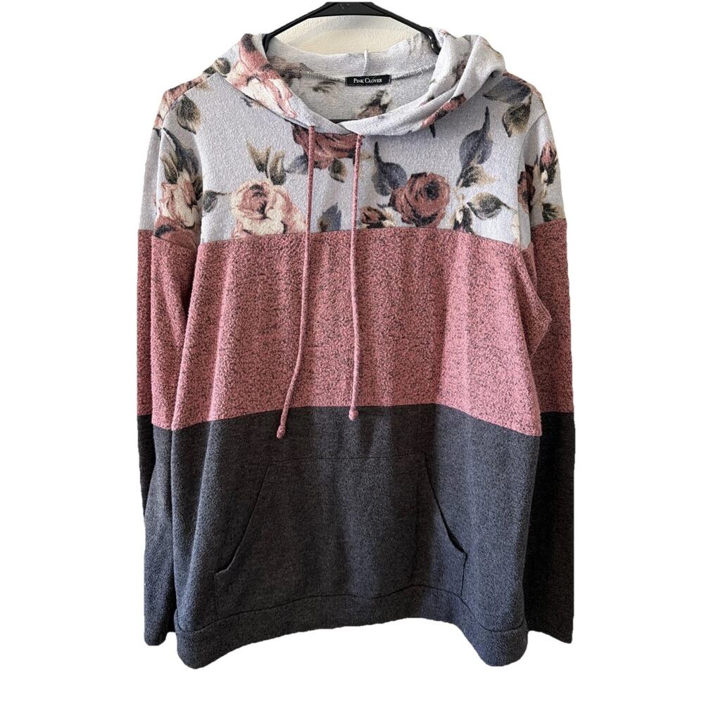 Pink Clover Floral Colorblock Hoodie Medium Womens Gray Pink Flower Sweatshirt M